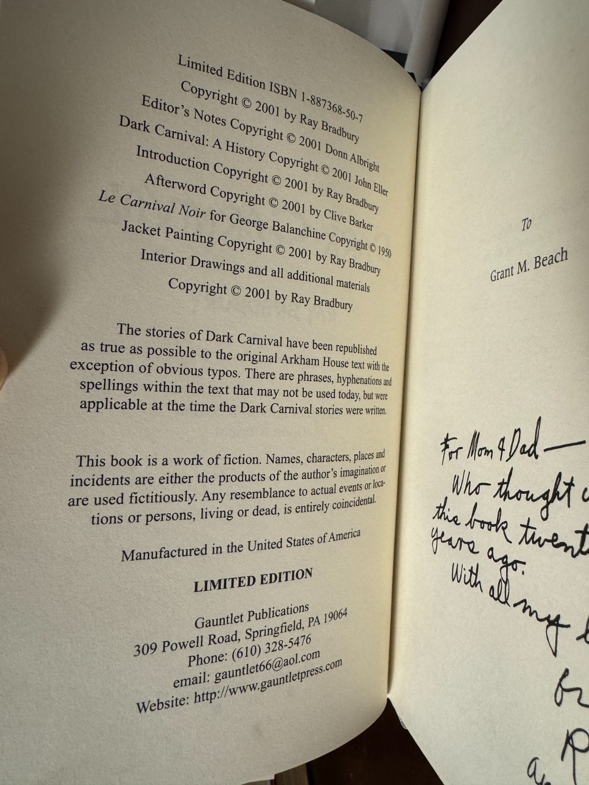 Dark Carnival signed by Ray Bradbury and Clive Barker – photo 6