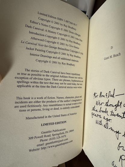 Dark Carnival signed by Ray Bradbury and Clive Barker – photo 6